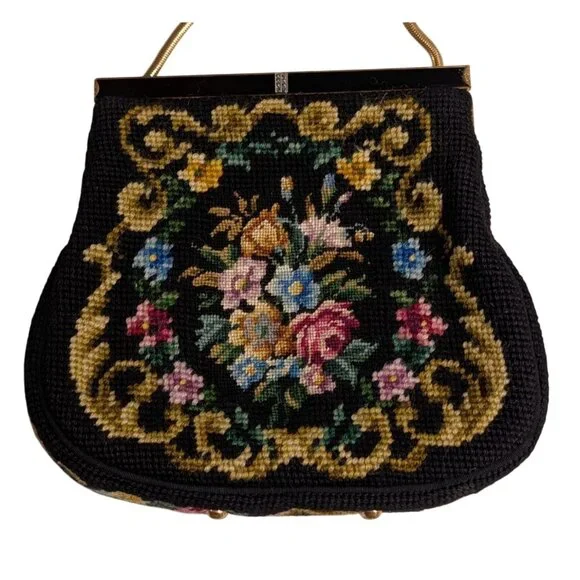Vintage Floral Needlepoint Evening Bag Metal Frame Chain Strap etched clasp - Picture 15 of 16